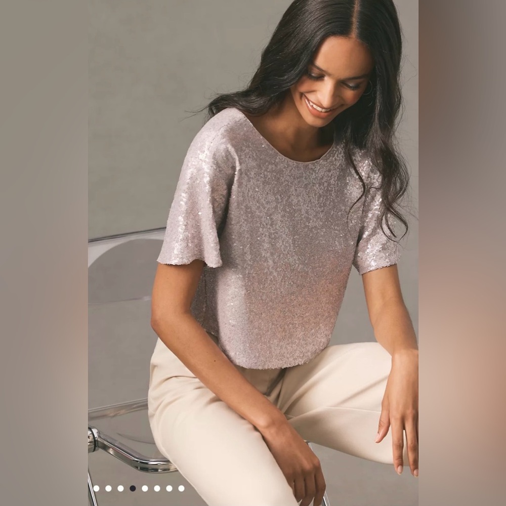 Anthropologie Sequined Short-Sleeve Crop Top — Blush Silver